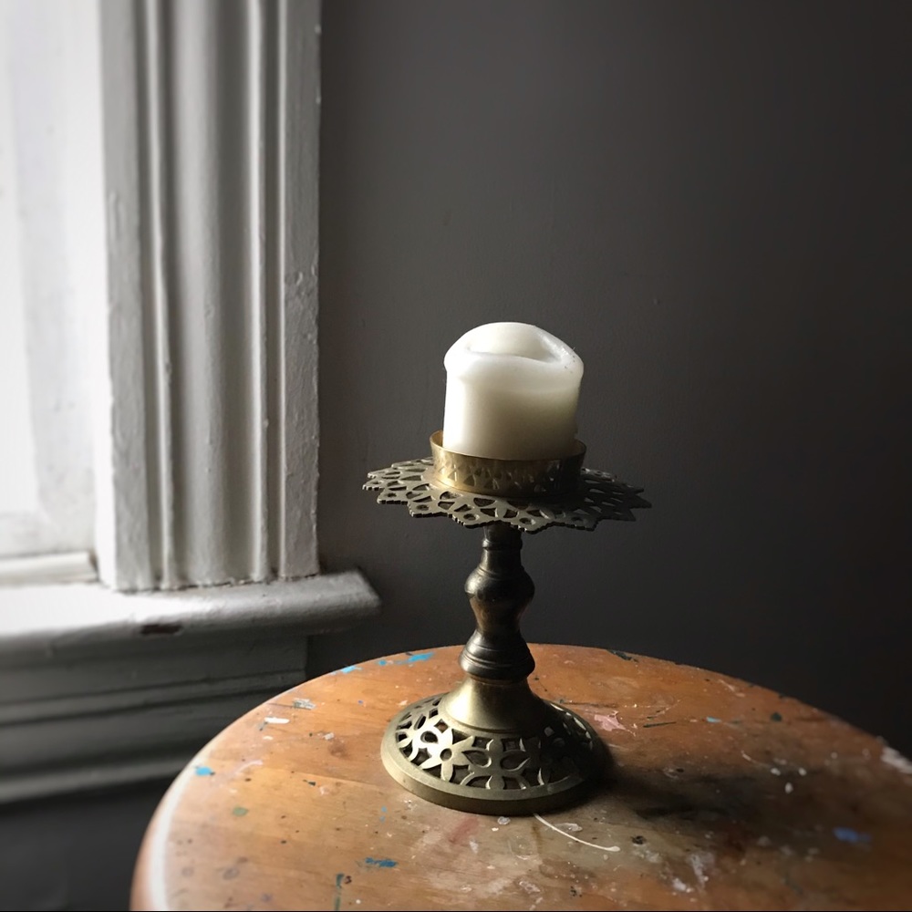 Vintage Brass Filigree Pillar Candle Holder